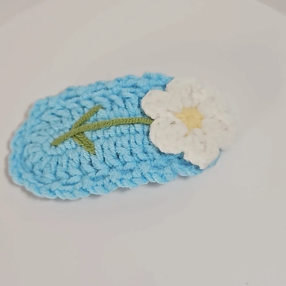 Hand Crafted Hand Knit Crochet Snap Hair Clip Blue with White Flower Boho Style